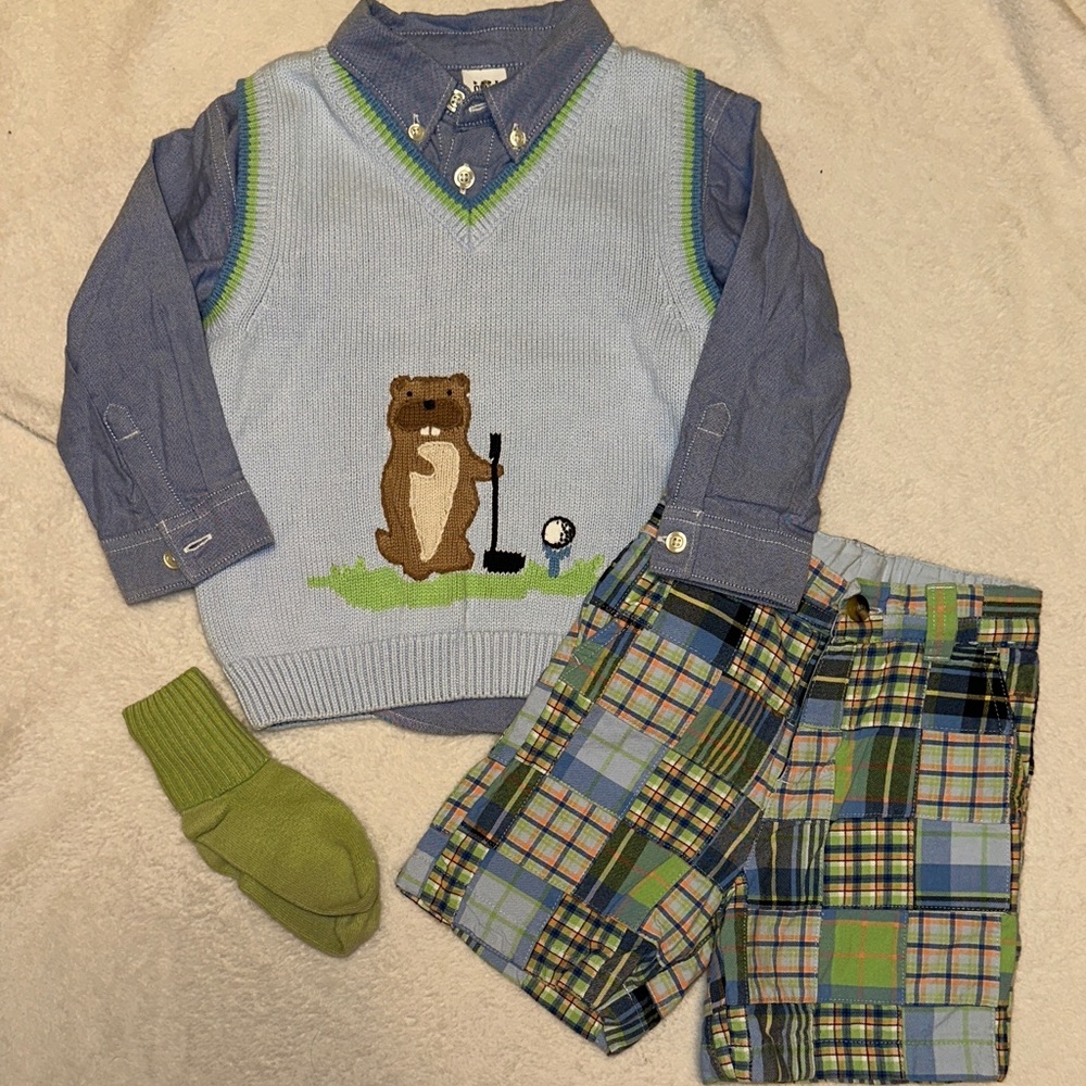 VINTAGE GYMBOREE RESORT GETAWAY GOLF VEST & BUTTON DOWN PLAID SHORTS SOCKS 2 2T